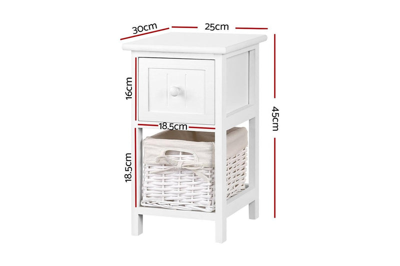 Artiss Bedside Table 1 Drawer with Basket Rustic White X2