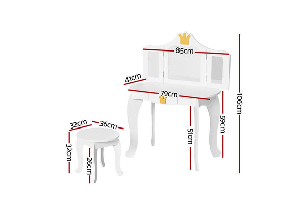Keezi Kids Dressing Table Vanity Makeup Chair Set Wooden 3 Mirror Drawer White