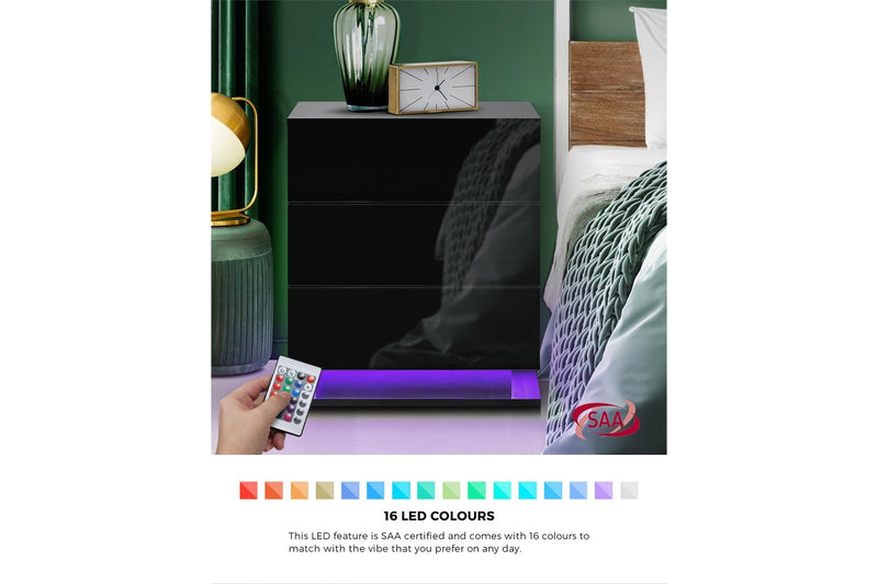 Oikiture Bedside Tables Set of 2 LED Nightstand 3 Drawers