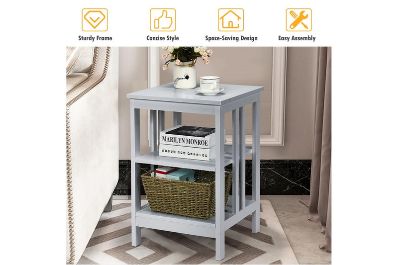 Giantex 3-Tier Bedside Table Nightstand Storage Display Shelf End Table, Grey