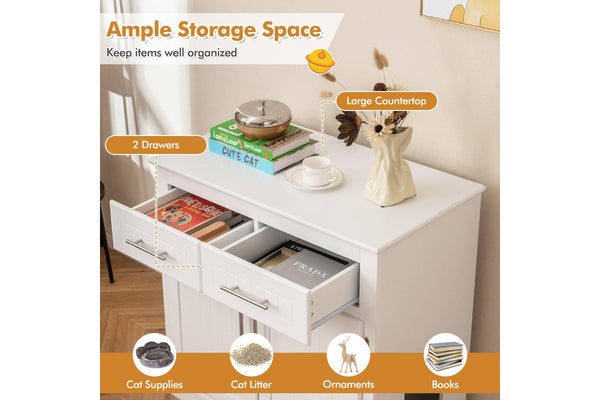 Costway Cat Litter Storage Cabinet Box Enclosure Double Door Cat House Pet House Crate Cabinet White