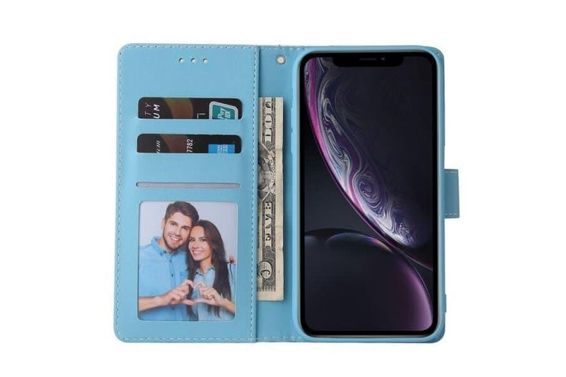 For Apple iPhone XR Case Marble Painting Pattern With Lanyard Flip Wallet Case Leather Card Slots Stand Cover (Blue Gilding)