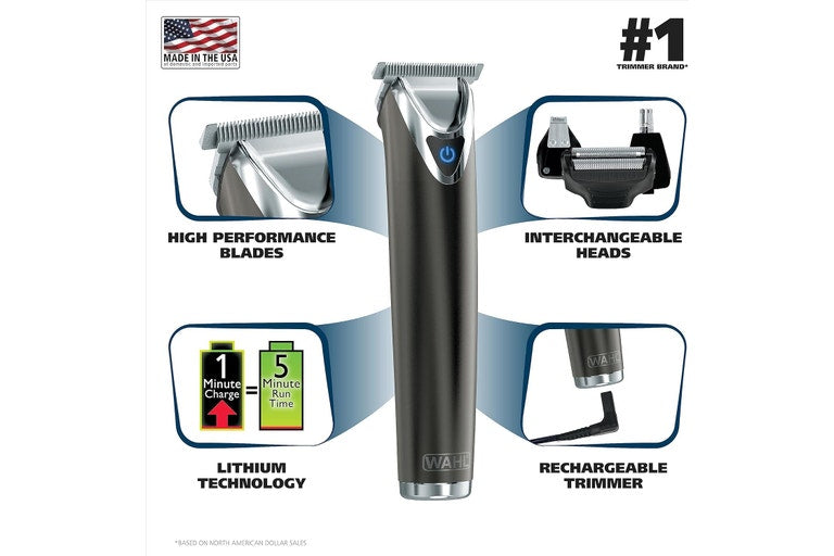 WAHL USA Stainless Steel Lithium Ion 2.0+ Slate Beard Trimmer for Men - Electric Shaver, Nose Ear Trimmer, Rechargeable All in One Men's Grooming Kit - Model 9864