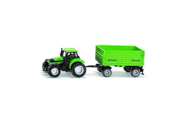 2x Siku 1606 DEUTZ-FAHR Tractor w Fortuna 4-Wheel Trailer Diecast 168mm Toy 3y+