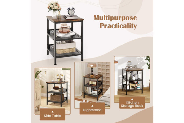 Giantex 3-Tier Sofa Side Table Industrial Nightstand Square End Table w/Storage Shelves Rustic Brown