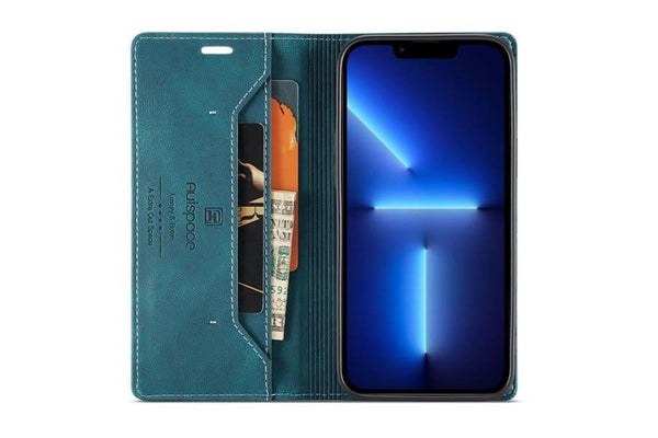 AutSpace For Apple iPhone 13 Pro Case RFID Blocking Retro Flip Premium Leather Card Holder Wallet Cover - Cyan Blue