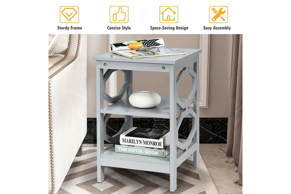 Giantex 3-Tier Wood Nightstand O-Shaped Side Storage Display Shelf Sofa Side Table, Grey
