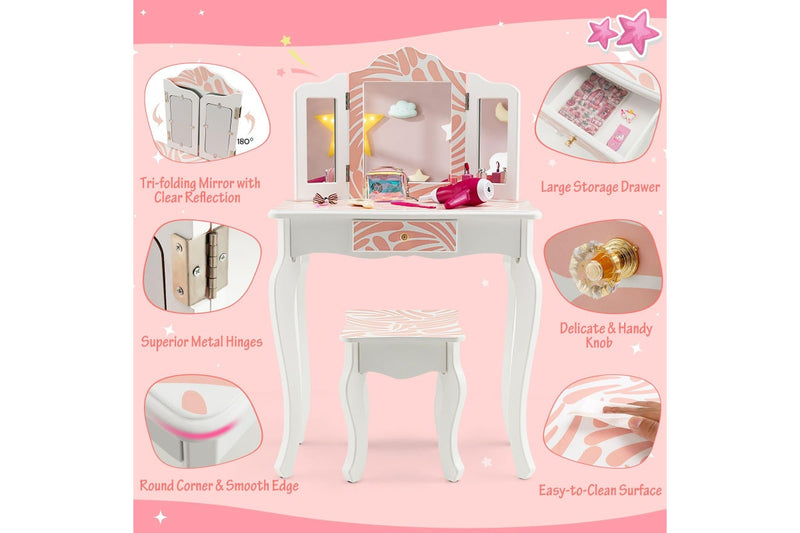 Giantex 2 in 1 Kids Vanity Table Set Toddler Pretend Play Makeup Dressing Table w/Mirror & Stool Writing Desk
