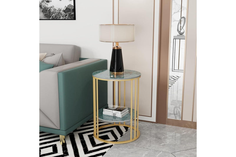 Marble Top Round Side Table - 2 Tier Bedside with Gold Legs