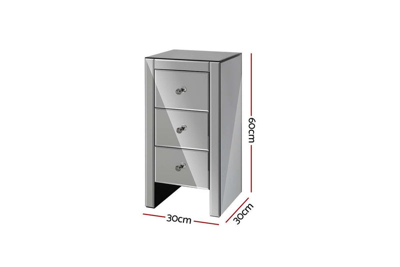 Artiss Bedside Table 3 Drawers Mirrored Glass - QUENN Grey