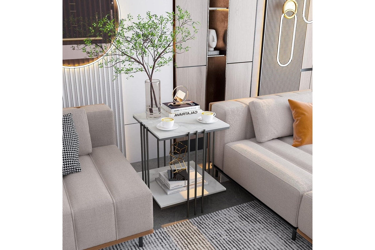 Marble Top Side Table Black 2-Tier