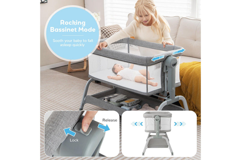 Costway 4in1 Cot Bed Mobile Bedside Sleeper Portacot Cradle w/Net & Storage Basket, Grey