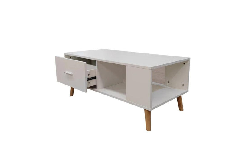 White Coffee Table Storage Drawer & Open Shelf With Wooden Legs Coffee Tables