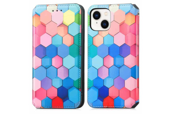 CaseNeo For Apple iPhone 15 Leather Wallet Flip Case With RFID Blocking Credit Card Holder Slots Cover - Colored Squares