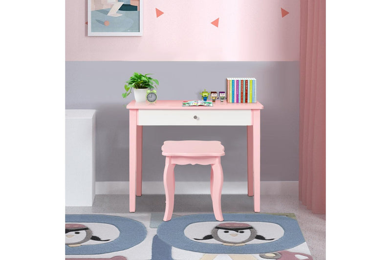 Giantex Kids Makeup Dressing Table Stool Set Mirror Princess Children Birthday Gift,Pink