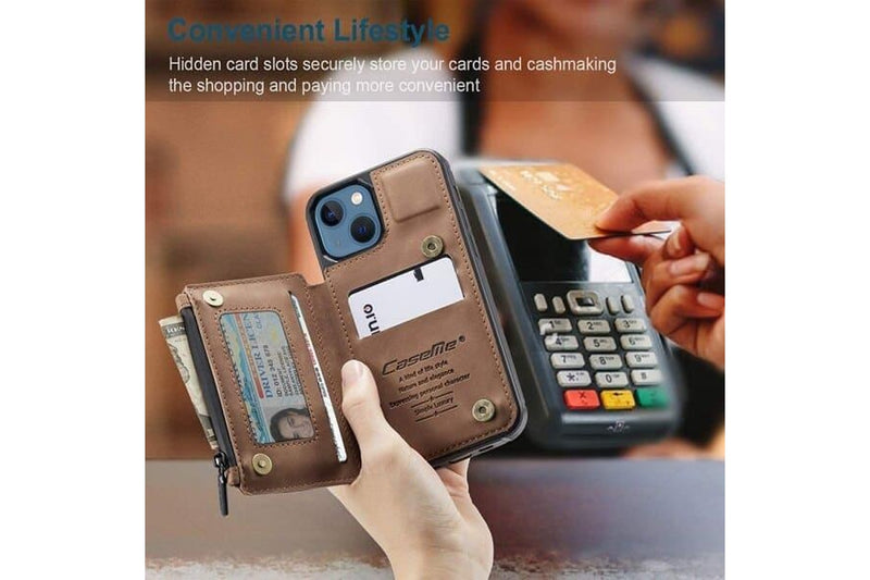 For Apple iPhone 13 Mini CaseMe Back Zipper Wallet Case W/ 3 Card Slots, RFID Blocking, 1 Money Pocket, Credit Card Holder Leather Cover (Brown)