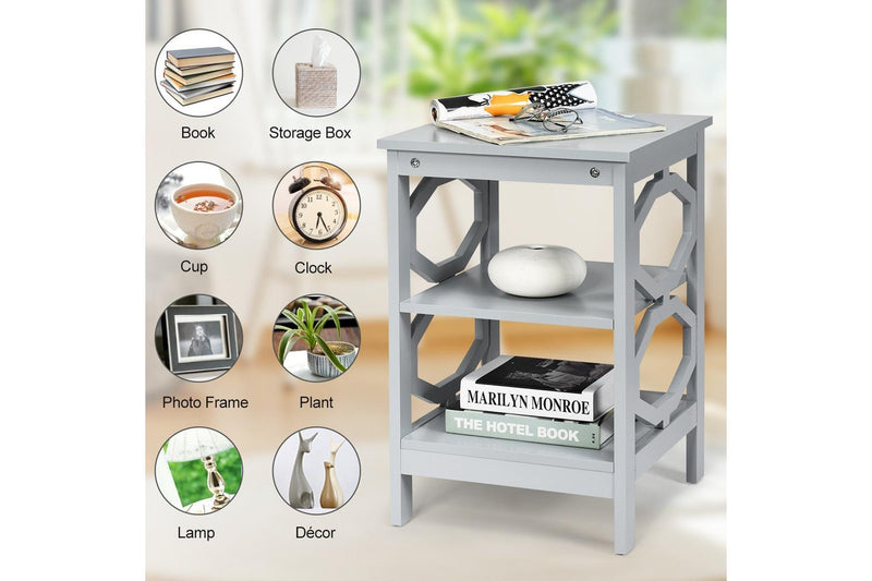 Giantex 3-Tier Wood Nightstand O-Shaped Side Storage Display Shelf Sofa Side Table, Grey