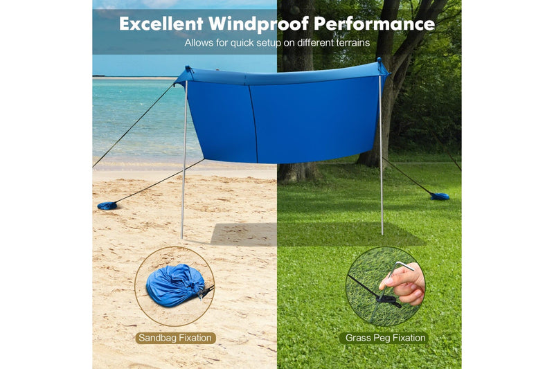Costway Beach Sunshade Canopy UPF50+ Family Shelter Shade 3-4 Adults w/4 Poles Sandbags Peg Stakes Blue