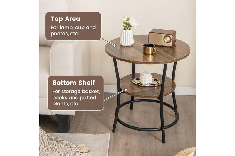 Giantex Round End Table 2-Tier Side Table w/Storage Shelf & Metal Frame Snack Table Nightstand