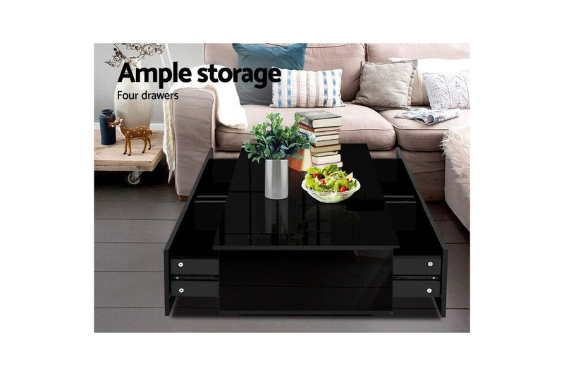 Artiss Modern Coffee Table 4 Storage Drawers High Gloss Living Room Furniture Black Bedside Tables