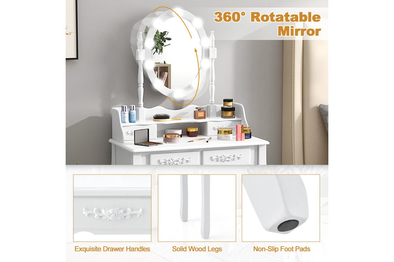Costway Dressing Table Vanity Stool Set Makeup Table Dresser Jewellery Cabinet Mirror 4 Drawers Xmas Gift, White
