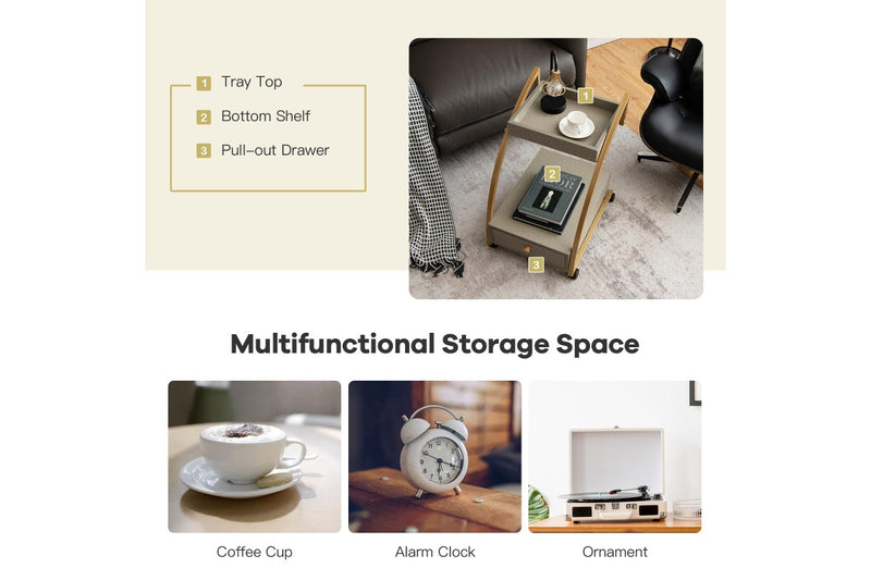 Giantex 2-tier Mobile End Table C-Shaped Sofa Side Table w/Lockable Wheels & Drawer Mobile Serving Cart Grey