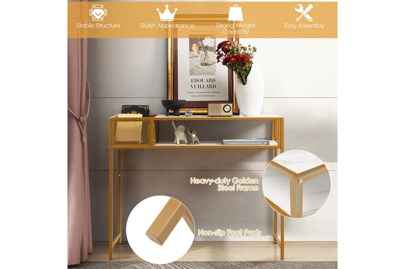 Giantex Console Table 2-tier Faux Marble Sofa Table w/ Open Shelf Modern Entryway Table White