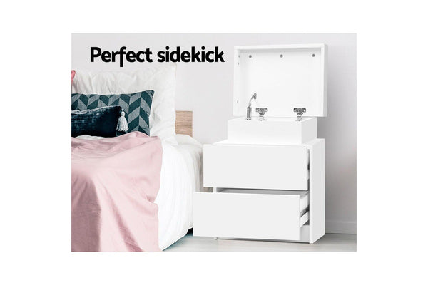 Artiss Bedside Table 2 Drawers Lift-up Storage - COLEY White