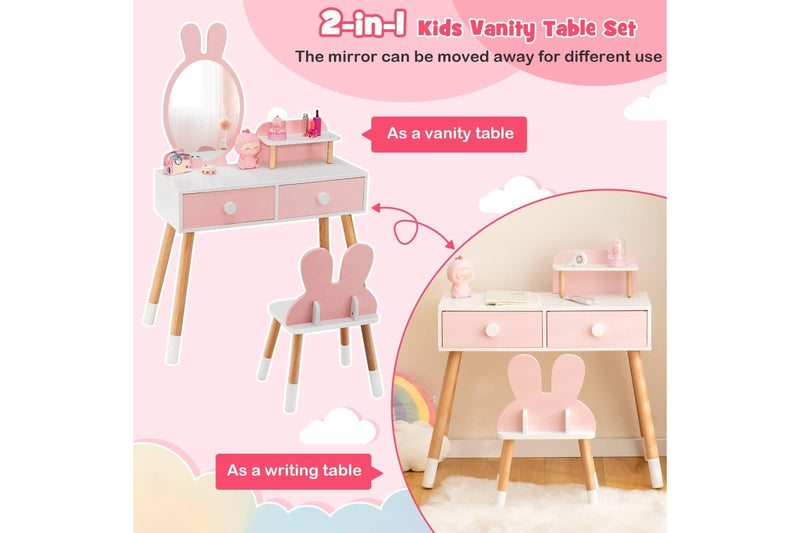 Costway 2 in 1 Dressing Table Vanity Table Set w/ Stool&Mirror Pink