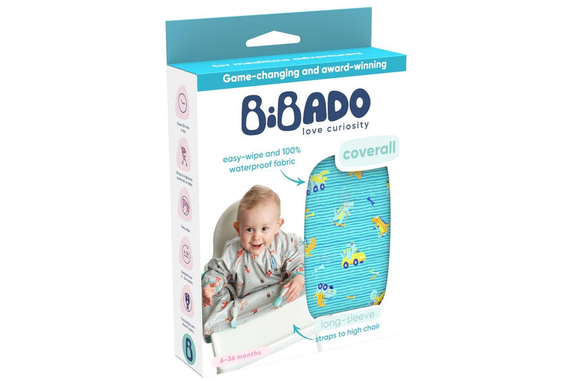 Bibado: Highchair Coverall Bib with Long Sleeves - Speedy Dinosaur
