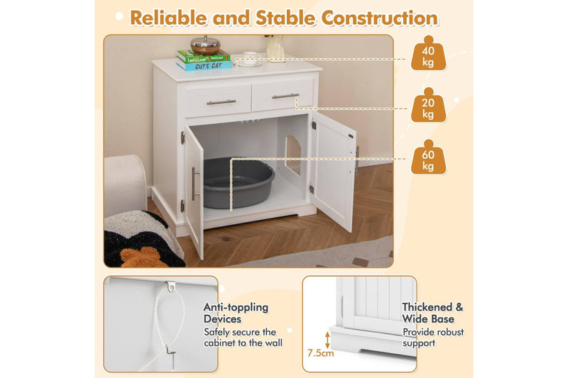 Costway Cat Litter Storage Cabinet Box Enclosure Double Door Cat House Pet House Crate Cabinet White