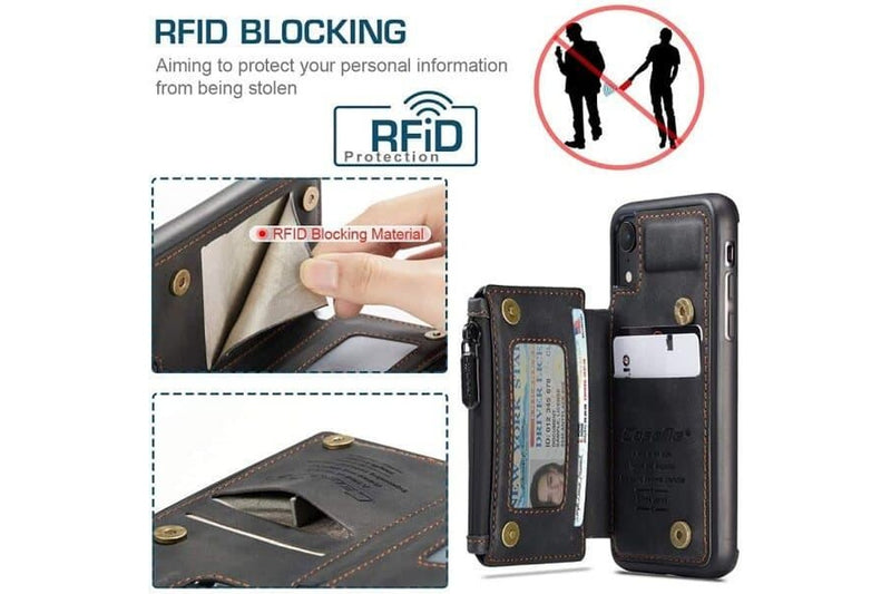 For Apple iPhone XR CaseMe Back Zipper Wallet Case W/ 3 Card Slots, RFID Blocking, 1 Money Pocket, Credit Card Holder Leather Cover (Black)