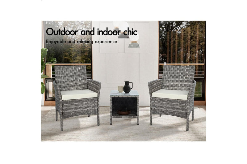ALFORDSON Outdoor Furniture 3PCS Wicker Bistro Set Patio Chairs Table Grey