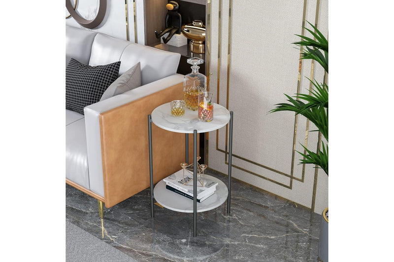 Marble Side Table Black 2 Tier Round Shape