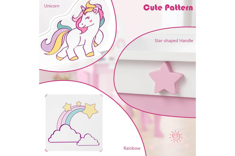 Costway Wooden Vanity Table Set Vanity Princess Makeup Dressing Table Set w/Mirror Pink