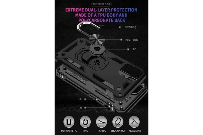 For Apple iPhone 12 Case, Military Grade 360 Degree Rotating Metal Magnetic Ring Car Mount Holder Kickstand Shockproof Heavy Duty Cover (Black)