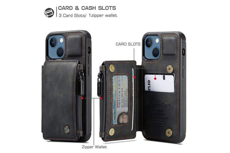 For Apple iPhone 13 Mini CaseMe Back Zipper Wallet Case W/ 3 Card Slots, RFID Blocking, 1 Money Pocket, Credit Card Holder Leather Cover (Black)