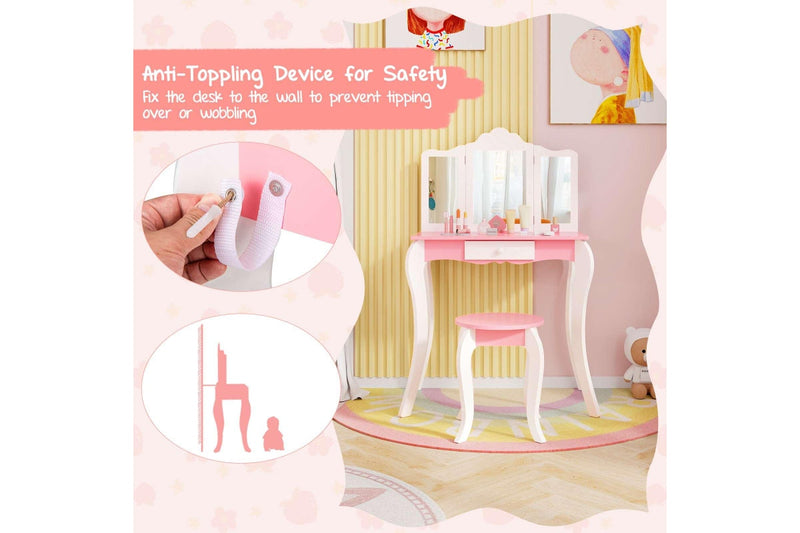 Costway 2-in-1 TOP 50 Bonus Trinkets Set Vanity Table Stool Set Tri-Folding Mirror Makeup Table Princess Dressing Table w/Storage Drawer