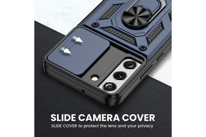 For Samsung Galaxy S22 Case, Military Grade 360 Degree Rotating Metal Magnetic Ring Car Mount Holder Kickstand Shockproof Heavy Duty Cover (Navy Blue)