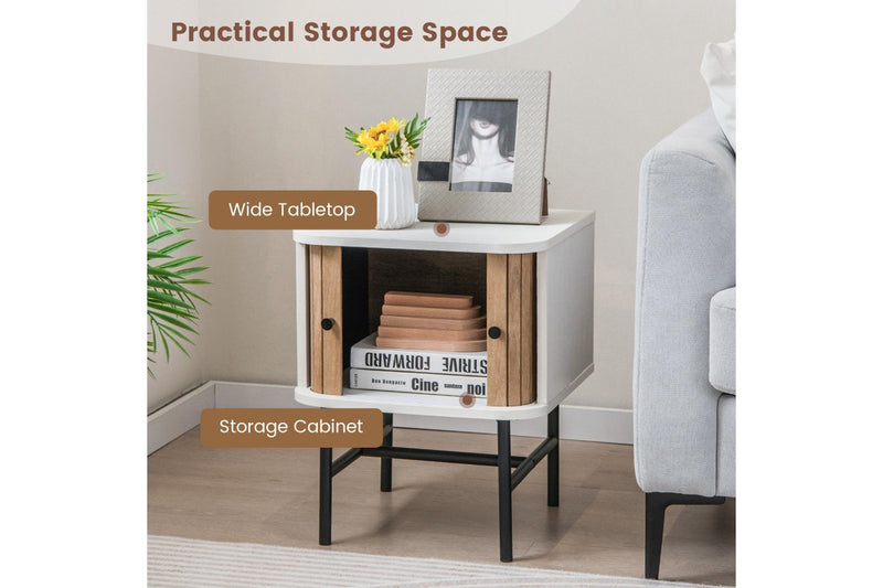 Giantex Modern Nightstand Bedside Storage Table w/Sliding Doors & Metal Legs Floor Side Table Bedroom Living Room White