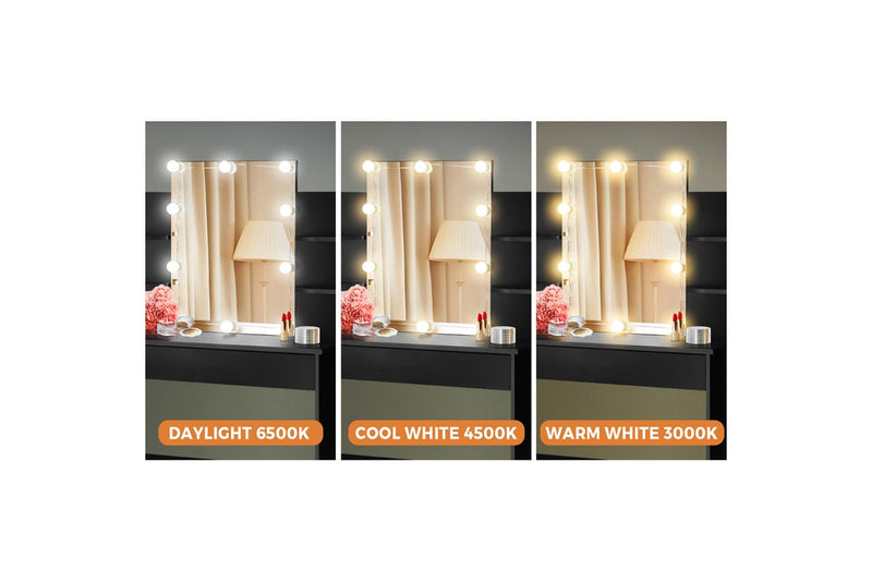 Oikiture Dressing Table Stool Mirror 10 LED Bulbs(Black)