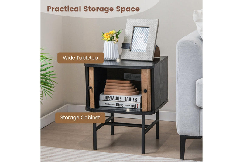 Giantex Modern Nightstand Bedside Storage Table w/Sliding Doors & Metal Legs Floor Side Table Bedroom Living Room Black