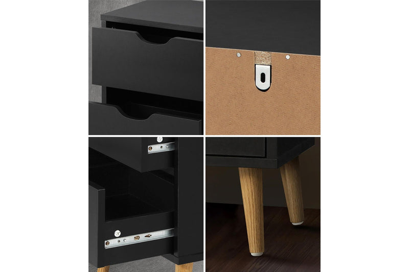 Oikiture Bedside Tables 2 Drawers Side Table Black