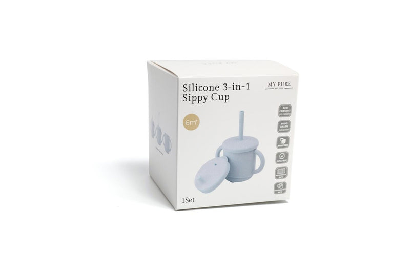 My Pure Silicone Baby Toddler 3-in-1 Sippy Drinking Cup Set Baby Blue 6M+