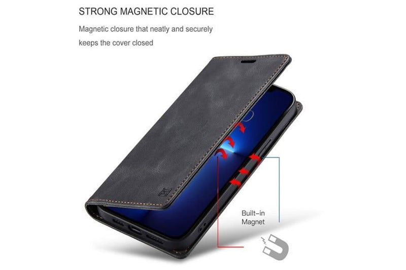 AutSpace For Apple iPhone 13 Pro Case RFID Blocking Retro Flip Premium Leather Card Holder Wallet Cover - Black