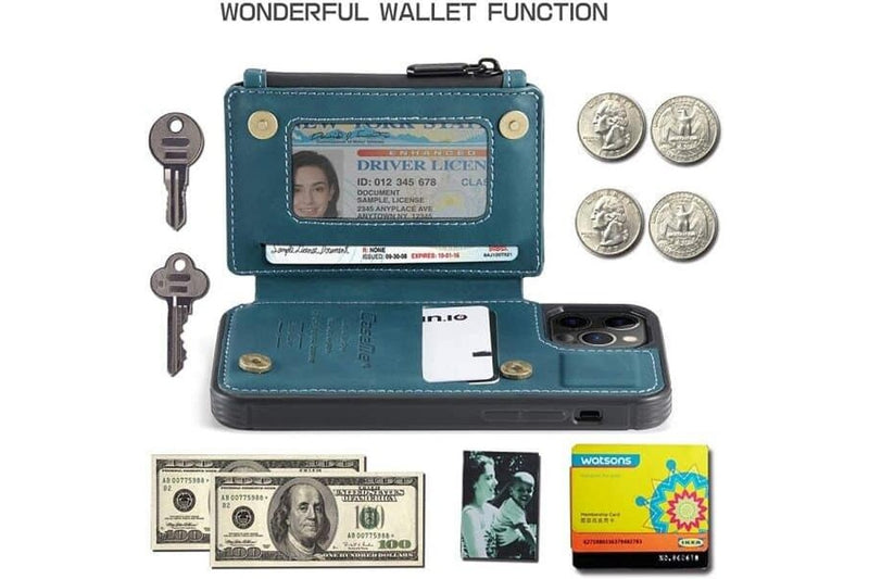 For Apple iPhone 13 Pro CaseMe Back Zipper Wallet Case W/ 3 Card Slots, RFID Blocking, 1 Money Pocket, Credit Card Holder Leather Cover (Teal Blue)
