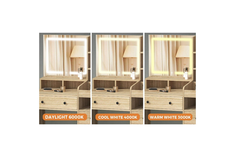 Oikiture Dressing Table Stool Set LED Light (Natural)