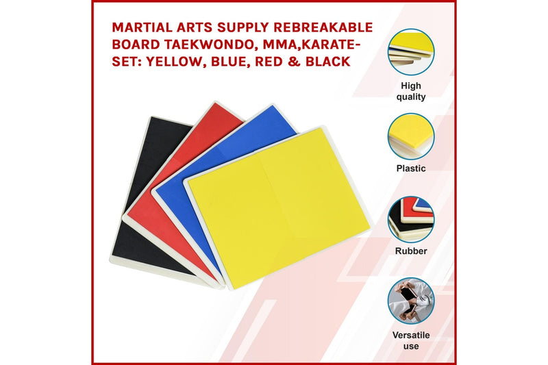 Martial Arts Supply Rebreakable Board Taekwondo, MMA, Karate-Set: Yellow, Blue, Red & Black