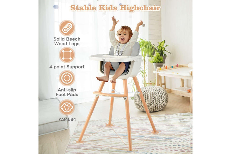 Costway 3-In-1 High Chair Feeding Chair Wood Eating Dining Chair Adjustable Tray & Footrest Grey