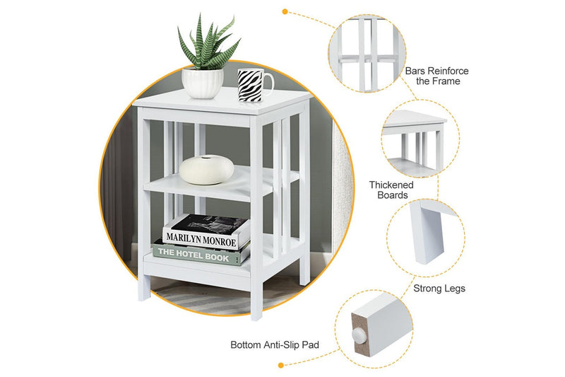 Giantex 3-Tier Bedside Table Nightstand Storage Display Shelf End Table, White